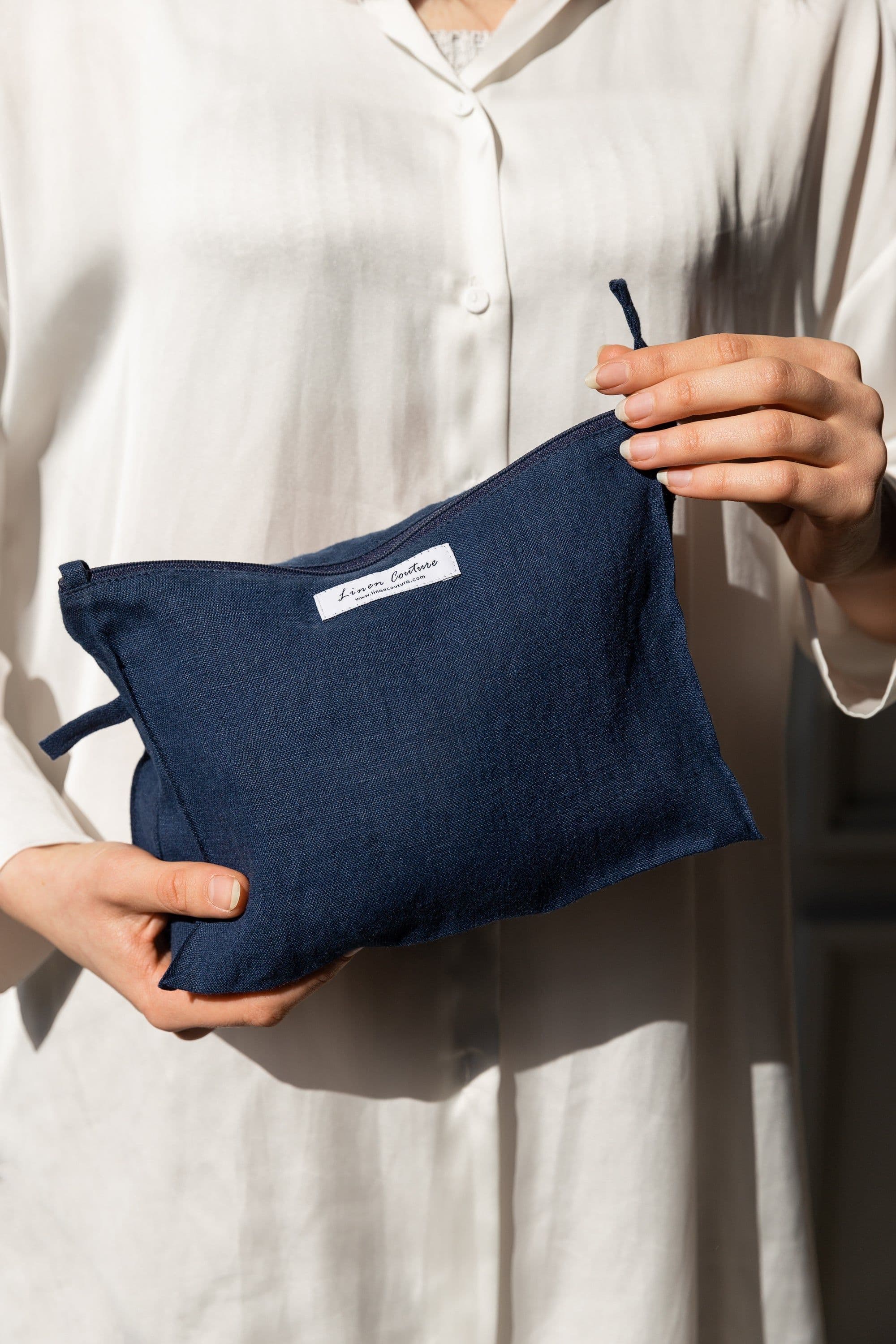 image-Pastel Plum linen large makeup bag with zipper