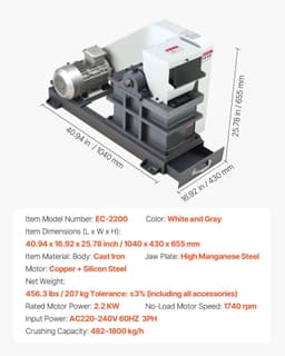 image-VEVOR Jaw Crusher Machine, 2.2KW High Power Rock Stone Crush Machine, 6.10 x 5.12 inch Feeding Port, 1740 RPM Speed Stone Shatter Grinder, Electric Stone Shatter 220V, for Rock Coal Glass Bottle