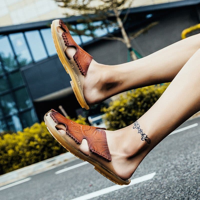 image-Men's Leather Sandals - Red Brown Beach Style Size 48