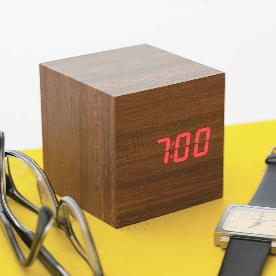 image-LED Teak Cube Alarm Clock
