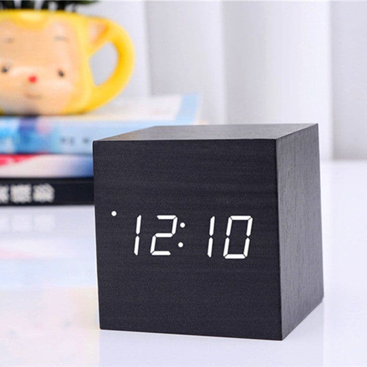 image-LED Teak Cube Alarm Clock