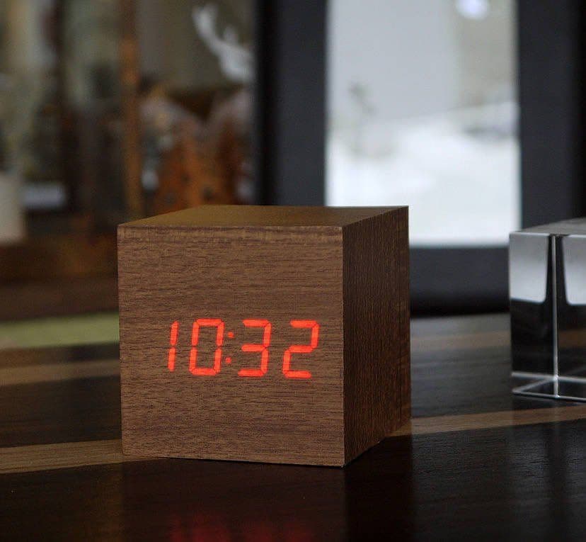 image-LED Teak Cube Alarm Clock
