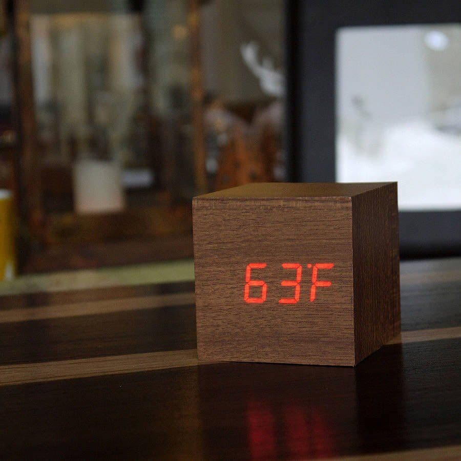 image-LED Teak Cube Alarm Clock