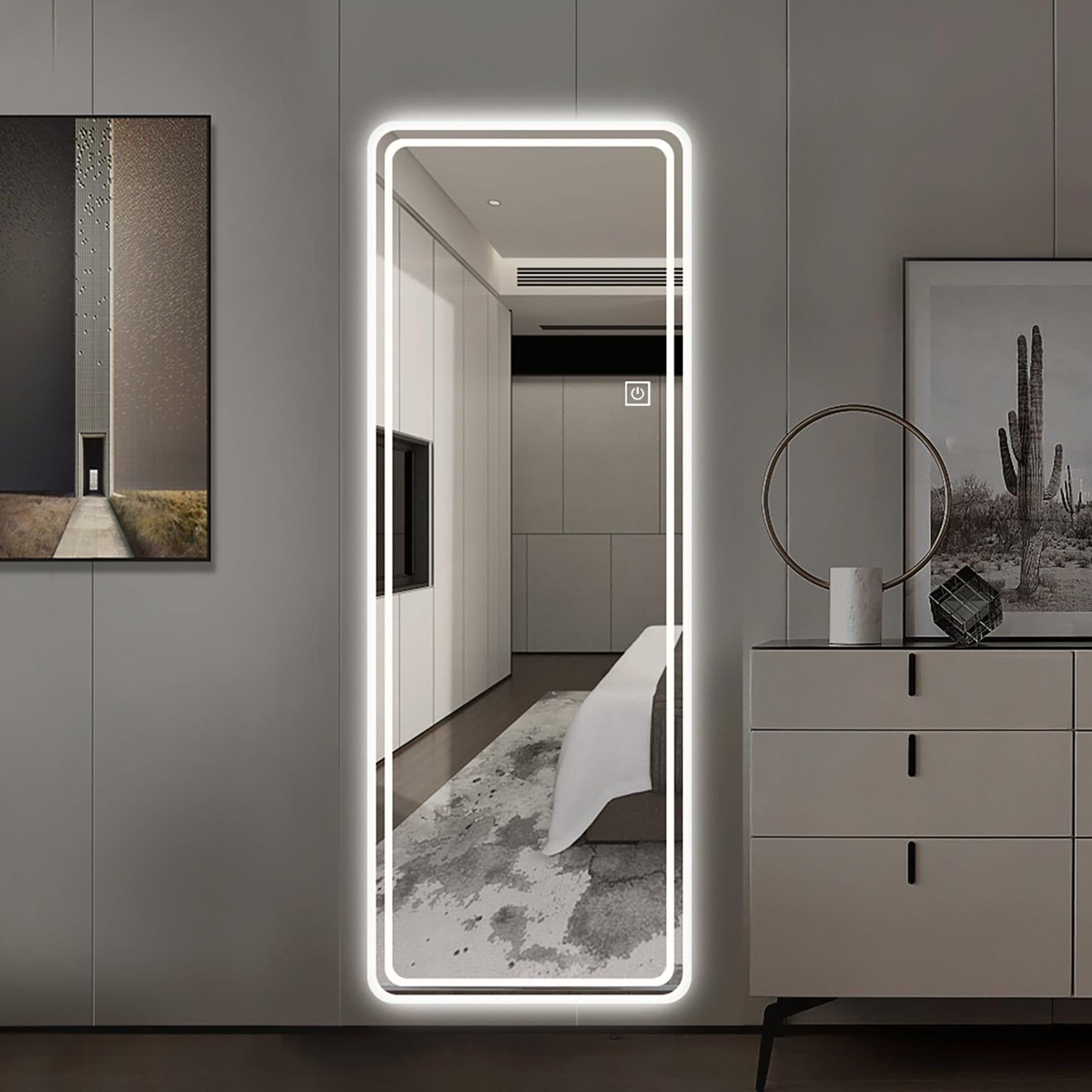 image-Frameless Full Length Floor Mirror with LED Light, Dimming & 3 Color Modes, Silver Mirror, 64x21 Inches
