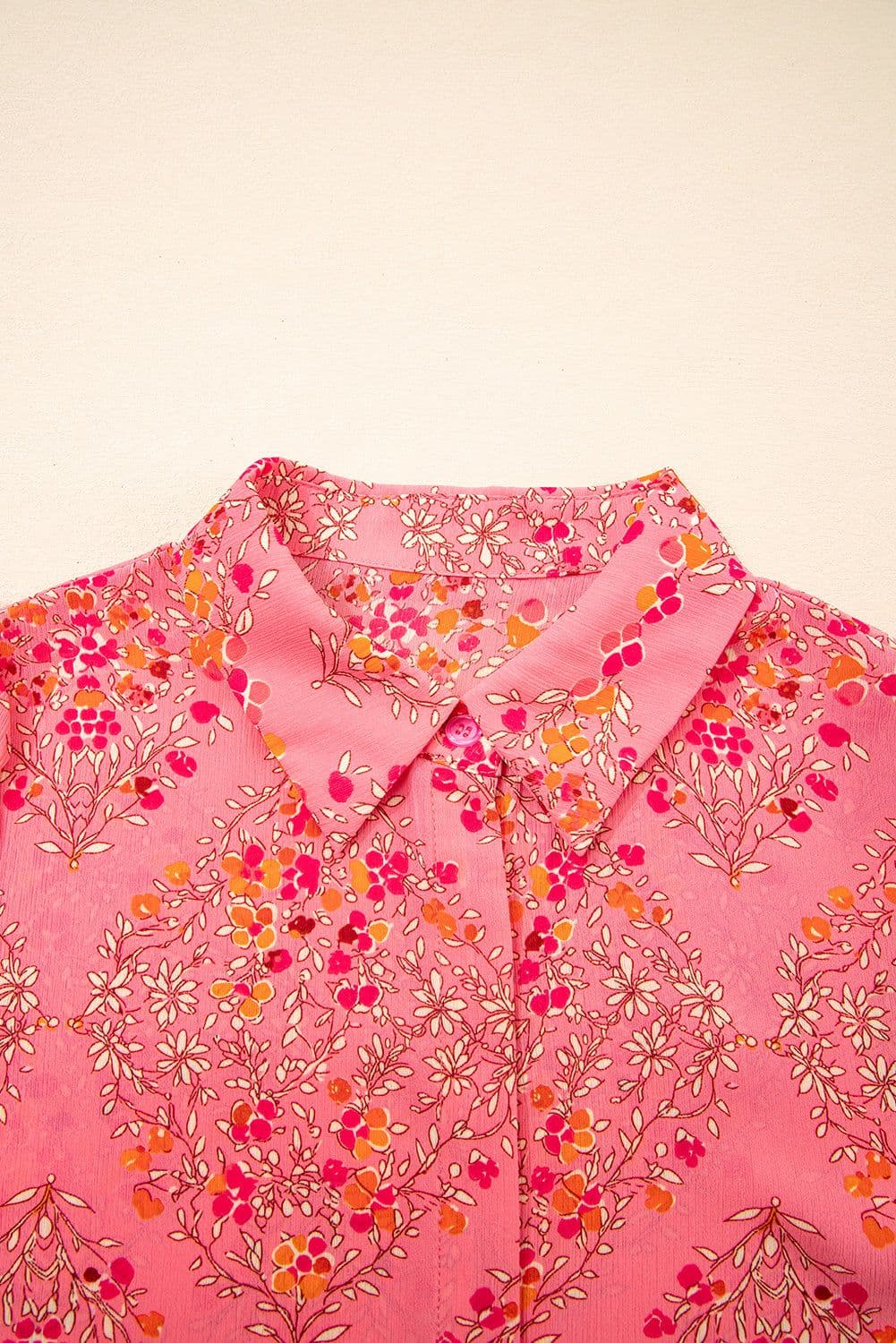 image-Rose Red Floral Print Shirt - Wide Short Sleeve Loose