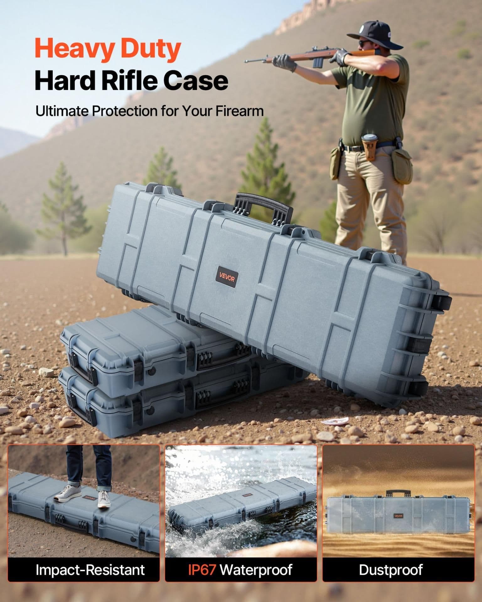 image-VEVOR Hard Rifle Case, Lockable Rifle Case with Pre-cut Foams, 50 in Movable Gun Storage with Wheels, IP67 Waterproof & Dustproof Pistol Storage for Rifle, Shotgun, Airsoft Gun, Grey