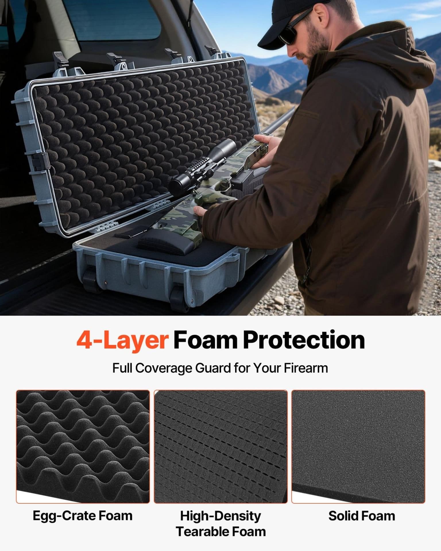 image-VEVOR Hard Rifle Case, Lockable Rifle Case with Pre-cut Foams, 50 in Movable Gun Storage with Wheels, IP67 Waterproof & Dustproof Pistol Storage for Rifle, Shotgun, Airsoft Gun, Grey