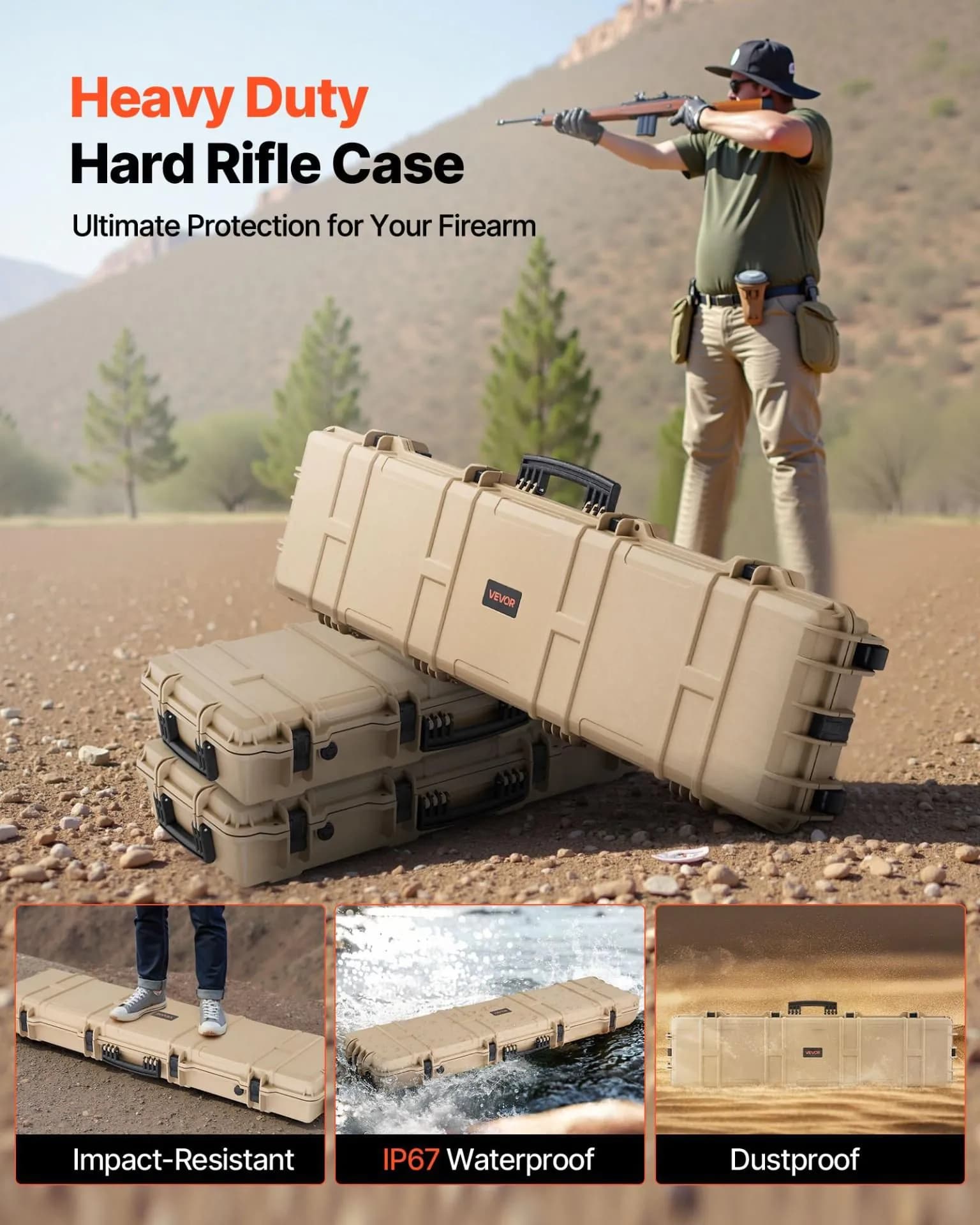 image-VEVOR Hard Rifle Case, Lockable Rifle Case with Pre-cut Foams, 50 in Movable Gun Storage with Wheels, IP67 Waterproof & Dustproof Pistol Storage for Rifle, Shotgun, Airsoft Gun, Khaki