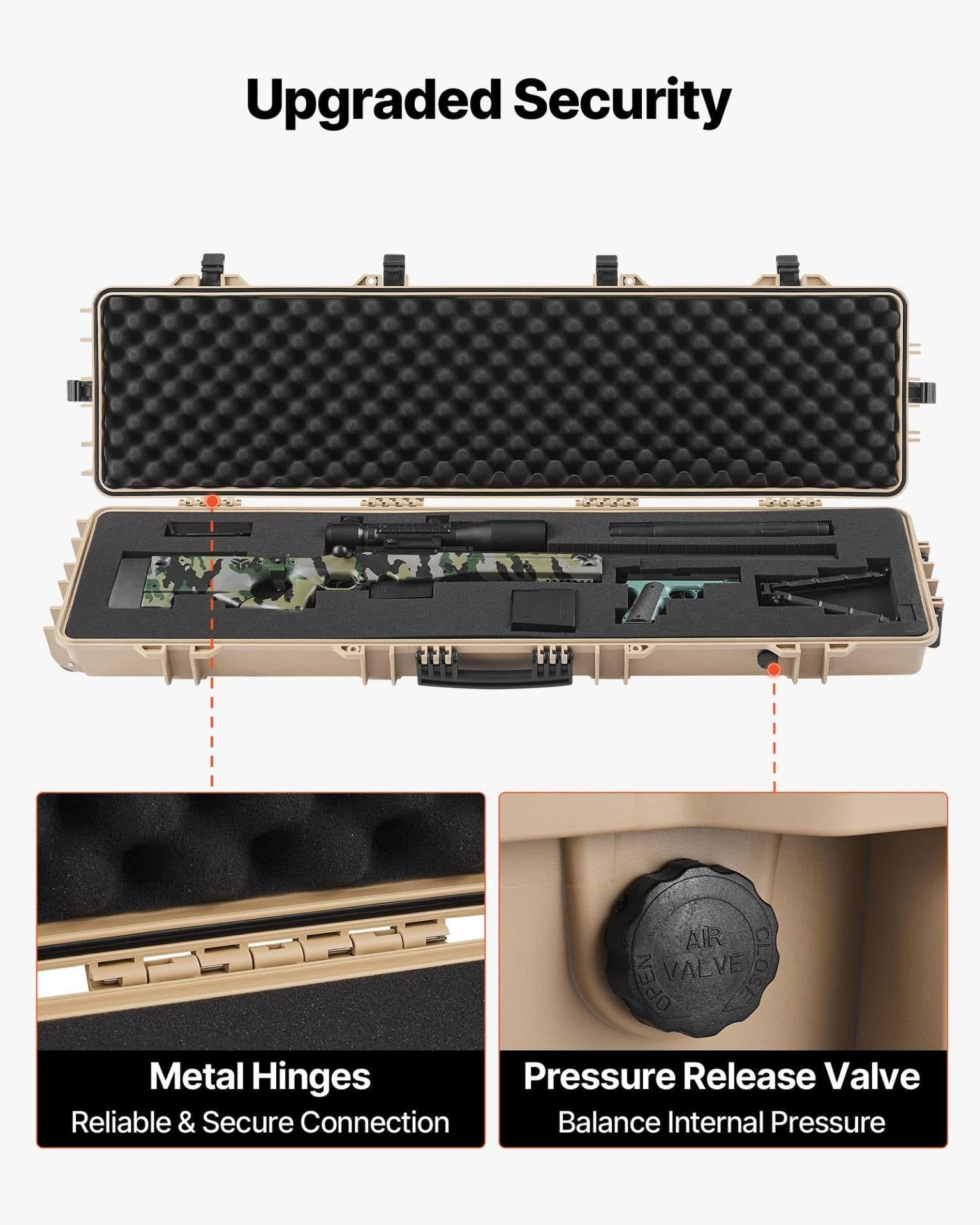image-VEVOR Hard Rifle Case, Lockable Rifle Case with Pre-cut Foams, 50 in Movable Gun Storage with Wheels, IP67 Waterproof & Dustproof Pistol Storage for Rifle, Shotgun, Airsoft Gun, Khaki