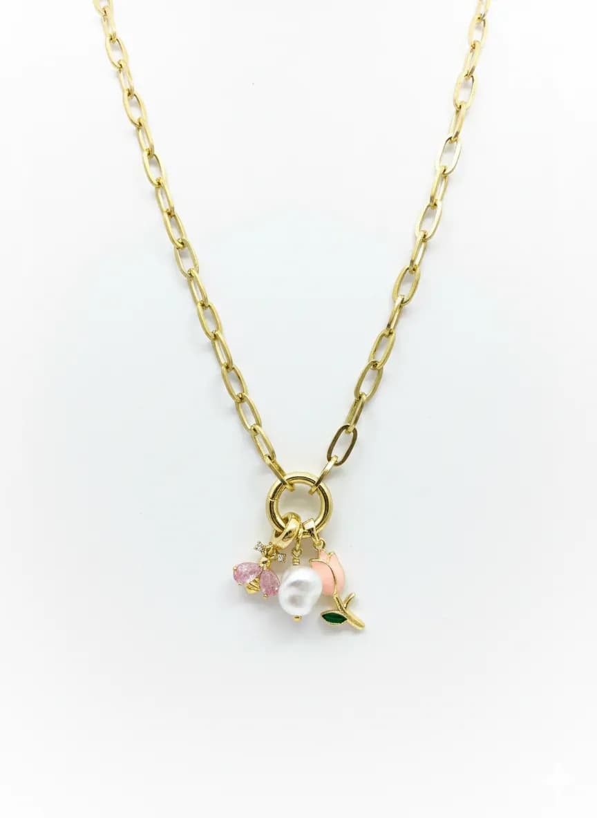image-Stainless Steel Lock Removable Charm Tulip Necklace