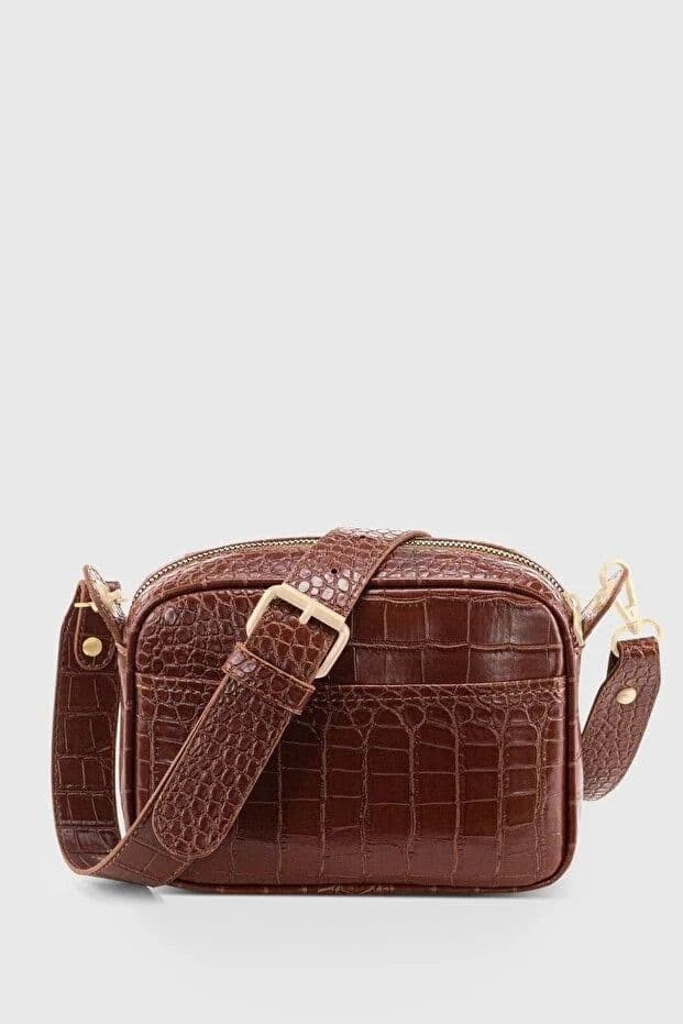 image-Brown Croc Embossed Crossbody Bag for Women
