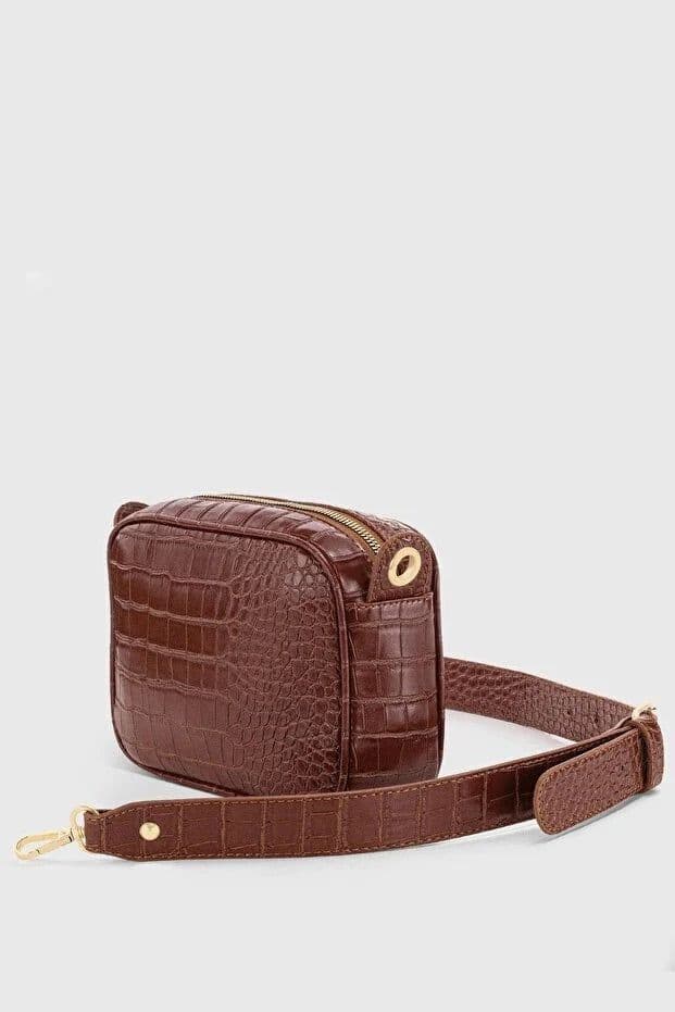 image-Brown Croc Embossed Crossbody Bag for Women