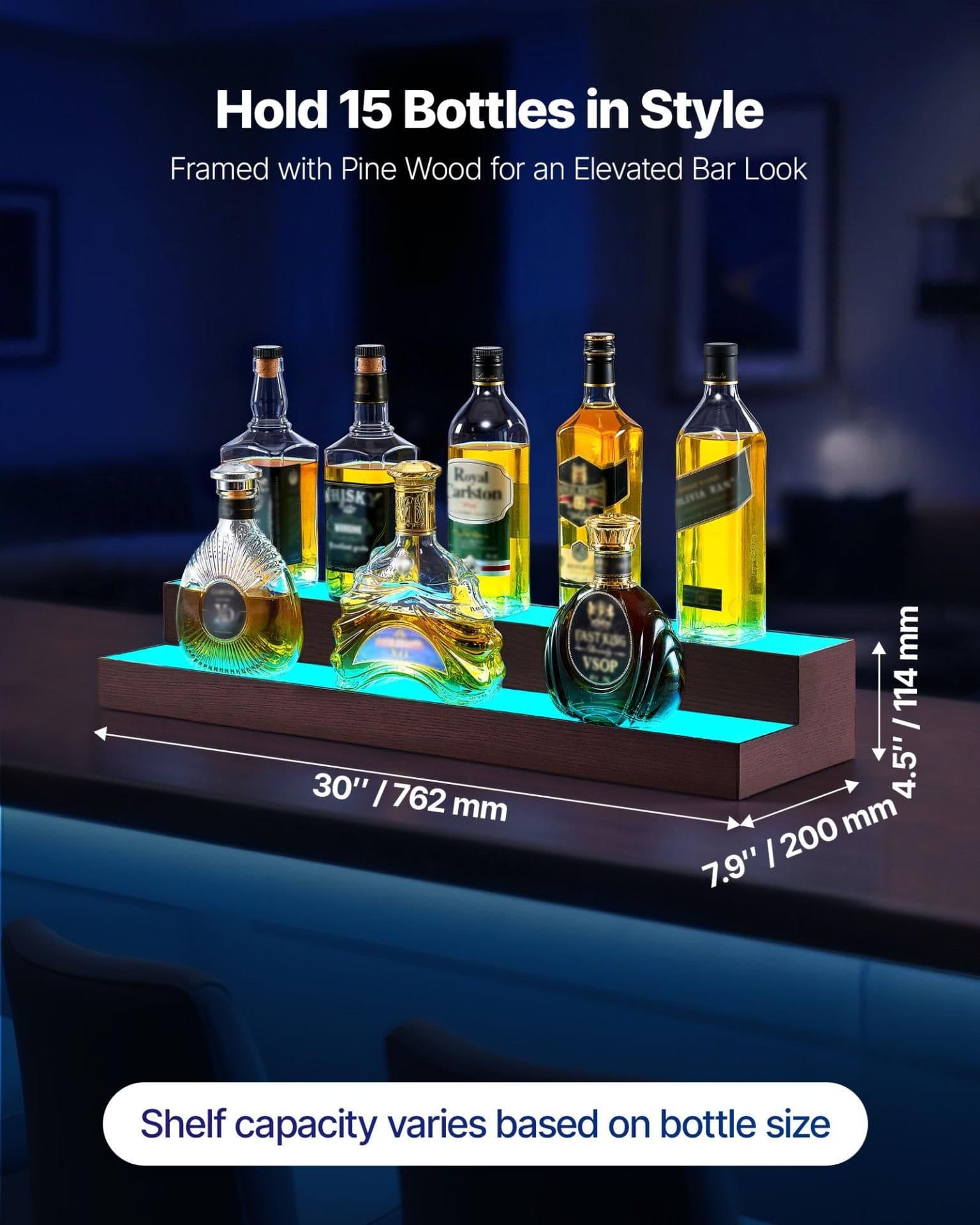 image-VEVOR LED Lighted Liquor Bottle Display, 2-Tier 30-Inch Whiskey Rack, Support USB, Illuminated Home Bar Shelf with RF Remote & App Control, 7 Static Colors, Acrylic+ Wood Lighted Shelf for 15 Bottles