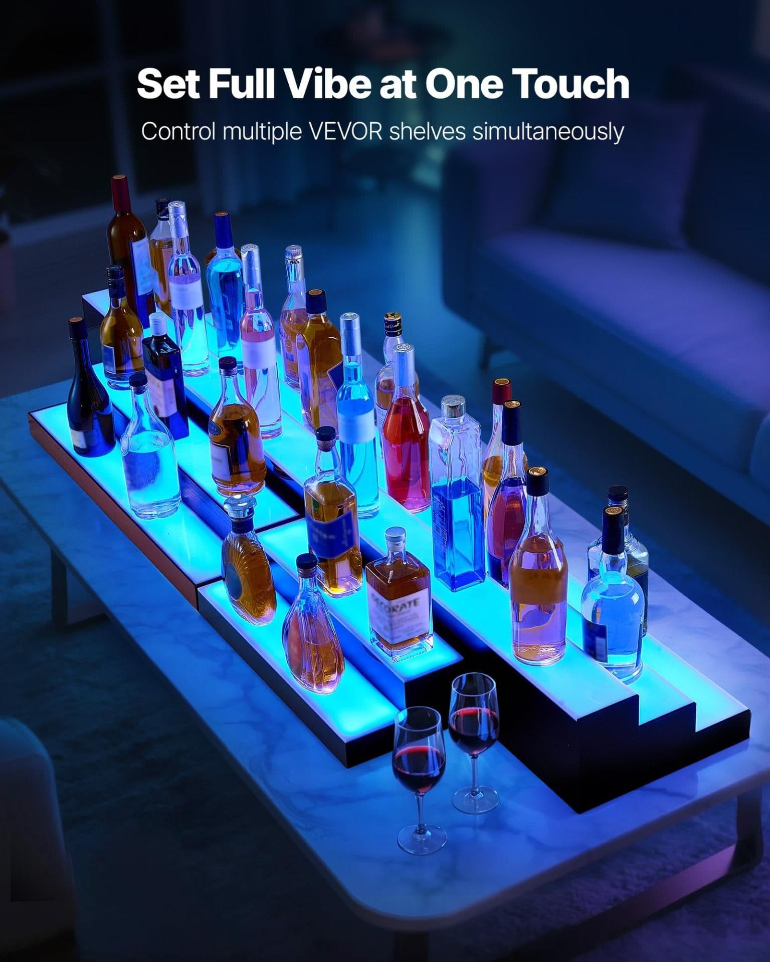 image-VEVOR LED Lighted Liquor Bottle Display, 2-Tier 30-Inch Whiskey Rack, Support USB, Illuminated Home Bar Shelf with RF Remote & App Control, 7 Static Colors, Acrylic+ Wood Lighted Shelf for 15 Bottles