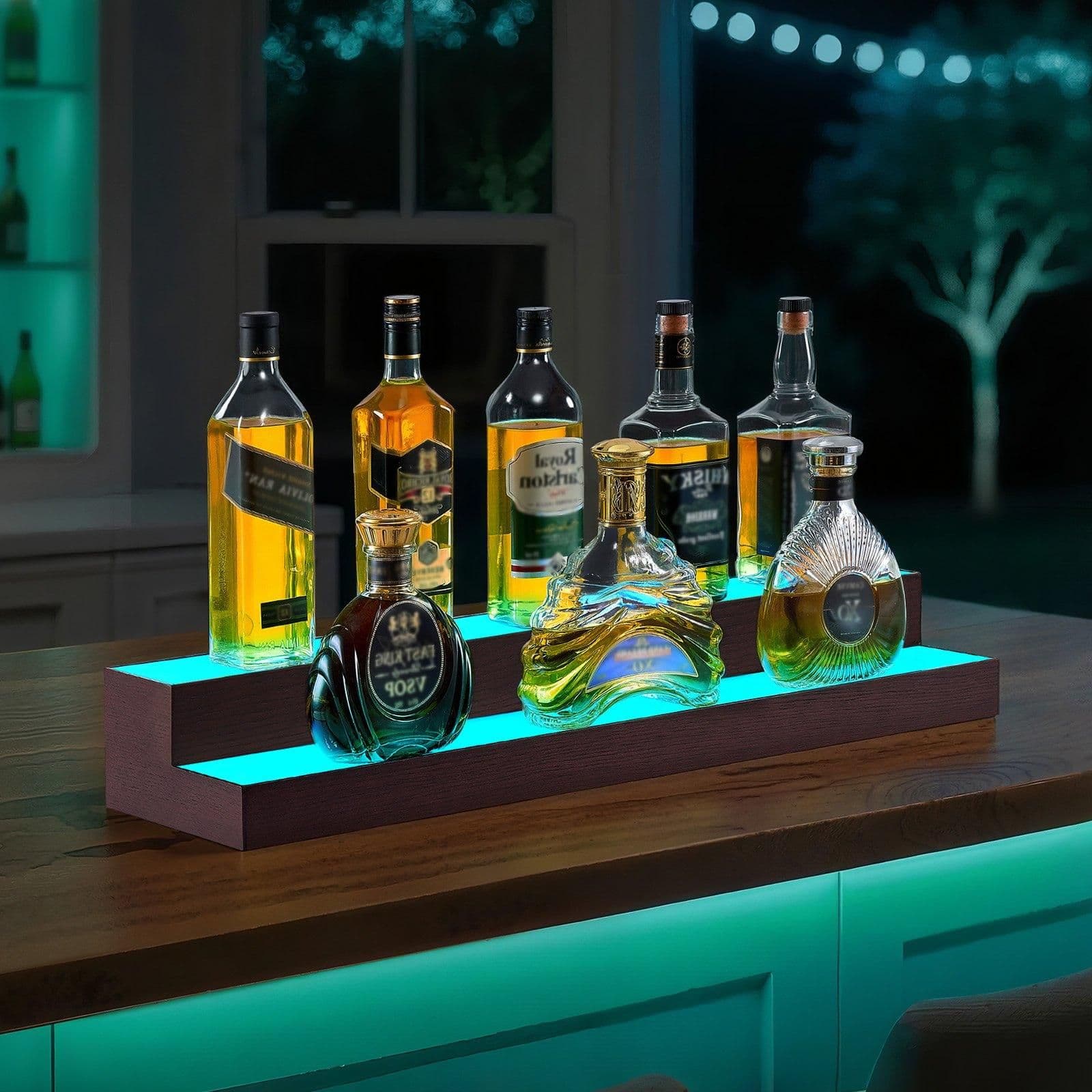 image-VEVOR LED Lighted Liquor Bottle Display, 2-Tier 30-Inch Whiskey Rack, Support USB, Illuminated Home Bar Shelf with RF Remote & App Control, 7 Static Colors, Acrylic+ Wood Lighted Shelf for 15 Bottles