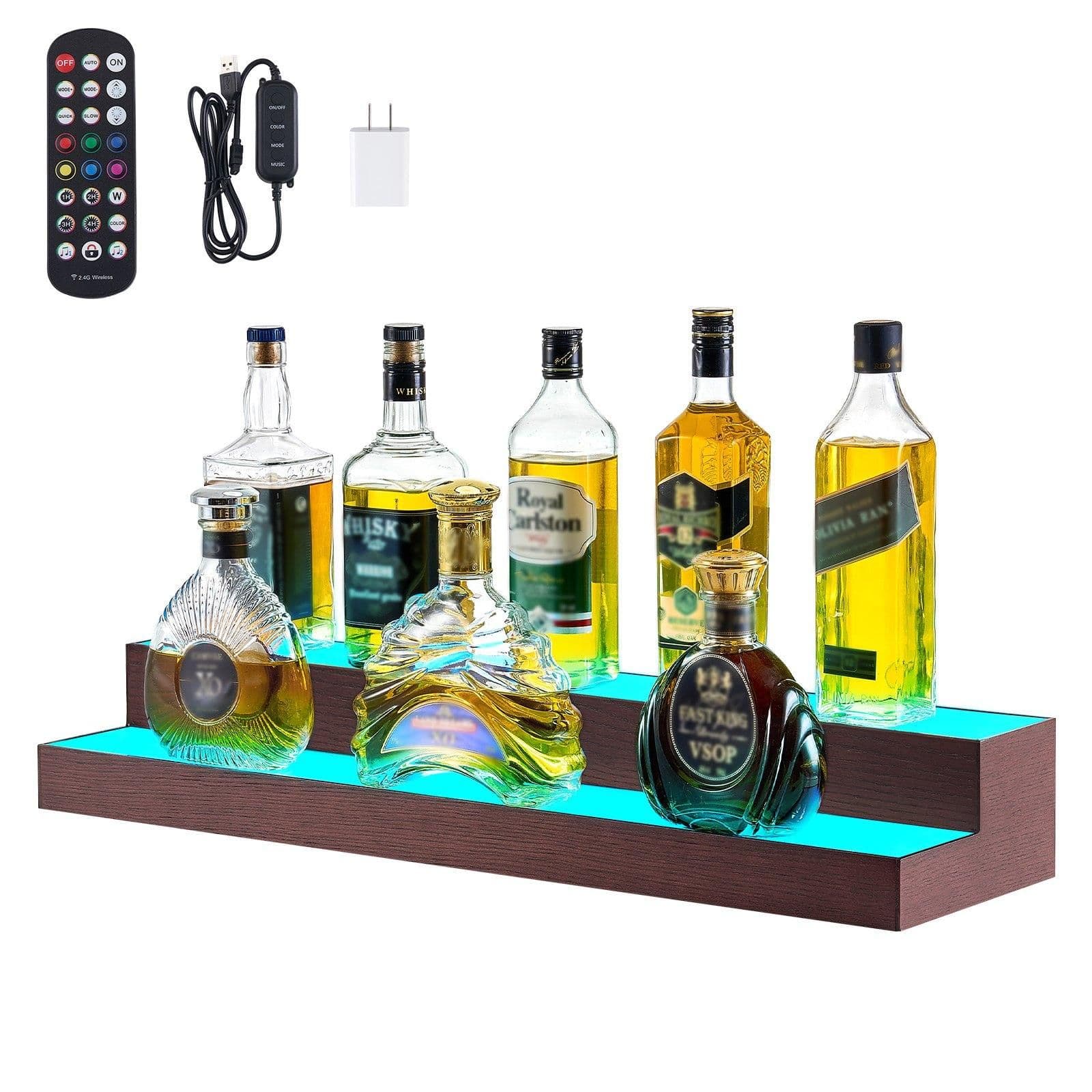 image-VEVOR LED Lighted Liquor Bottle Display, 2-Tier 30-Inch Whiskey Rack, Support USB, Illuminated Home Bar Shelf with RF Remote & App Control, 7 Static Colors, Acrylic+ Wood Lighted Shelf for 15 Bottles