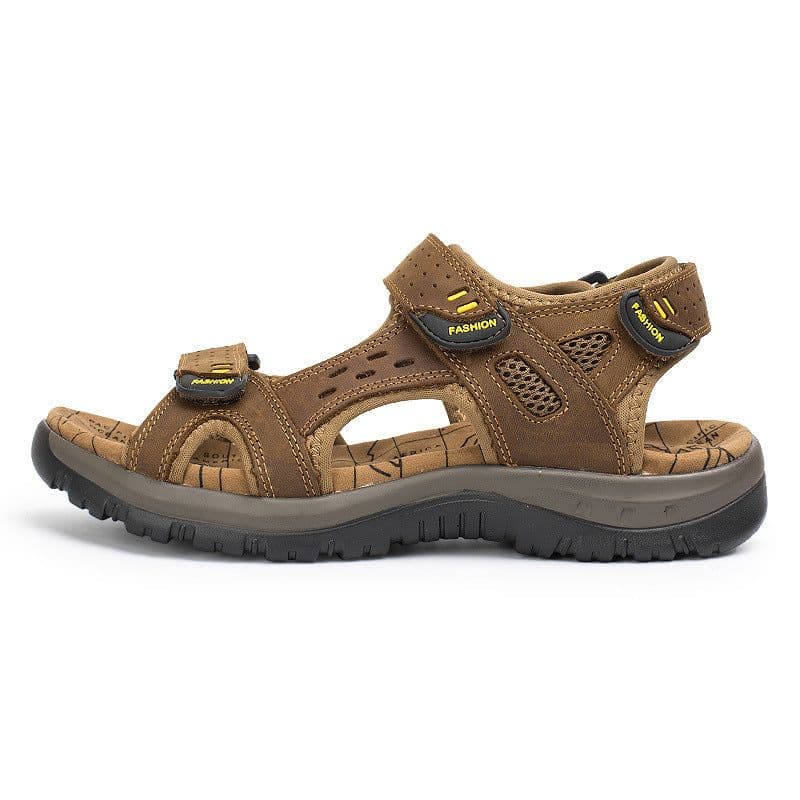 image-Men's Sandals Khaki Cowhide Casual Open Toe Size 48