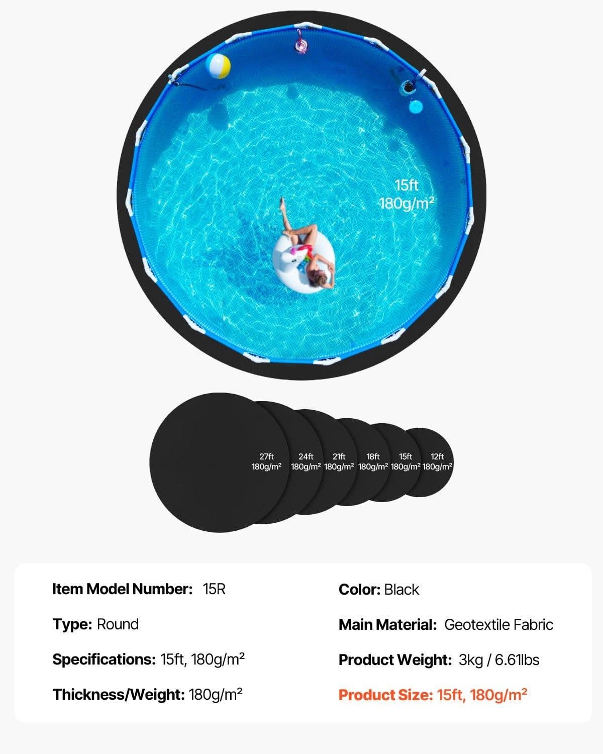 image-VEVOR Tapis de Sol Piscine, 456 cm, Tapis sous Piscines Hors Sol Rond 180 g/m2 Sous-couche Géotextile Extra-épais, Installation Facile, Découpe Simple, Protection pour Éviter Perforations des Objets