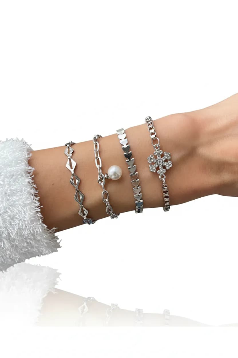 image-Snowflake Bracelet Set Four Piece Layered Adjustable Elegant Winter