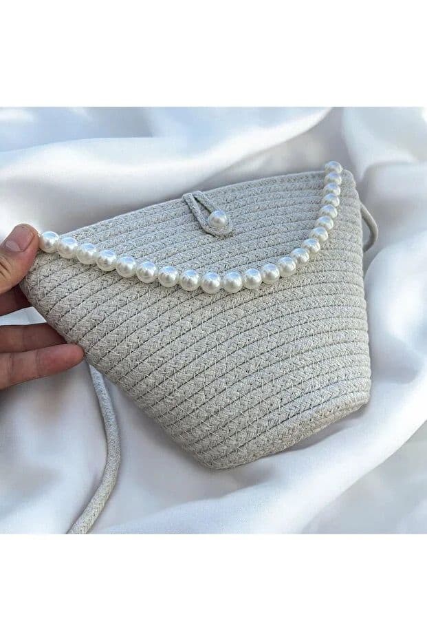 image-Women beige pearl design classic shoulder bag elegant daily handbag