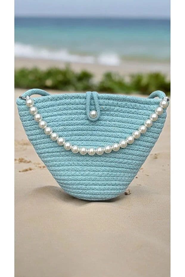 image-Women blue pearl design shoulder bag elegant daily handbag