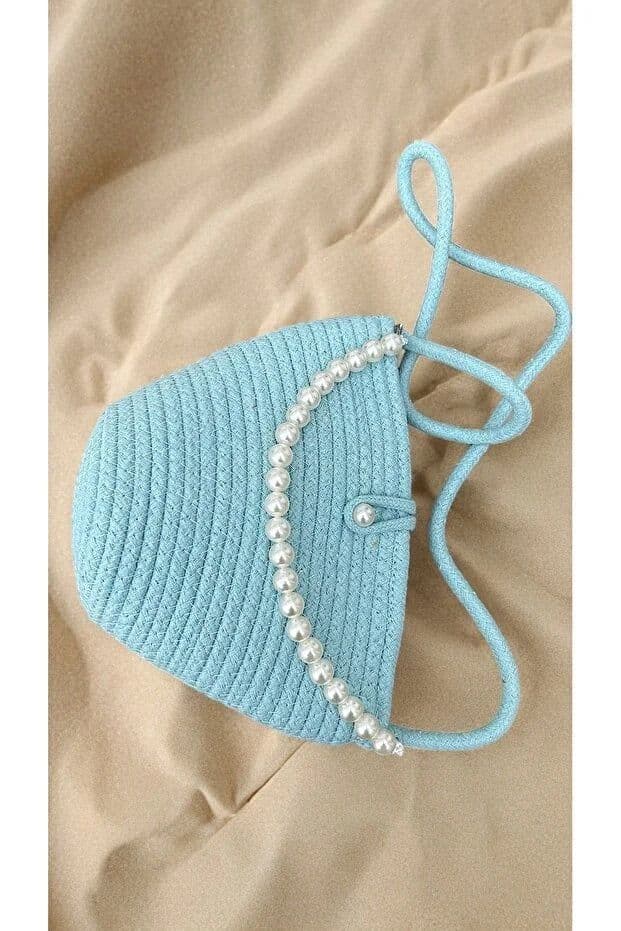 image-Women blue pearl design shoulder bag elegant daily handbag