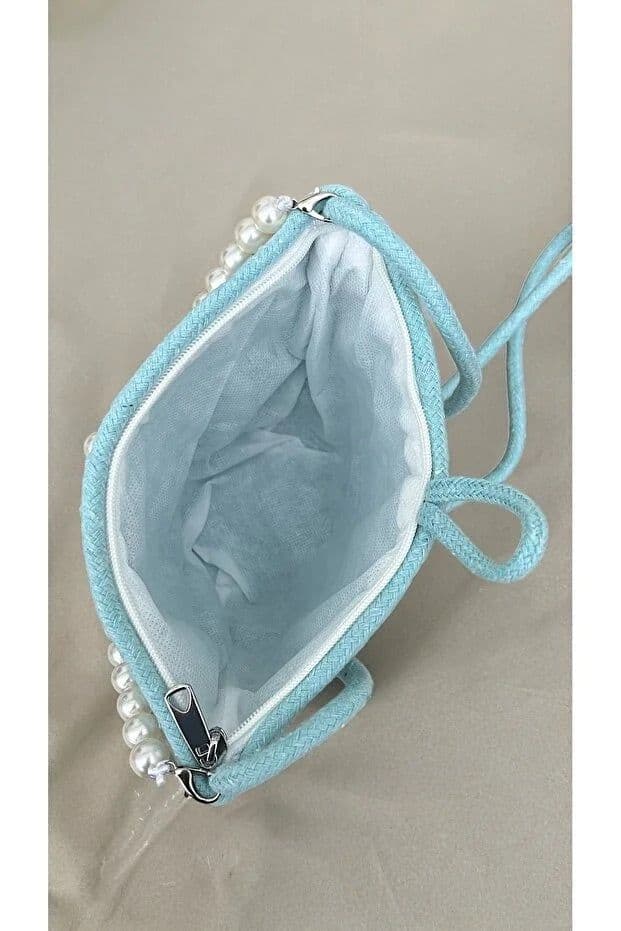image-Women blue pearl design shoulder bag elegant daily handbag