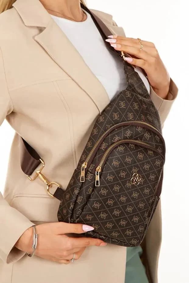 image-Women’s Brown Leather Monogram Crossbody Belt Chest and Shoulder Bag