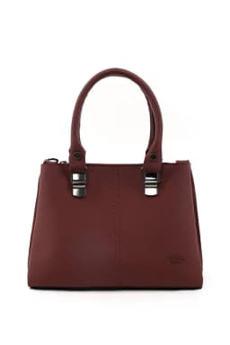 image-Brown Faux Leather Zippered Handbag with 3 Compartments Adjustable