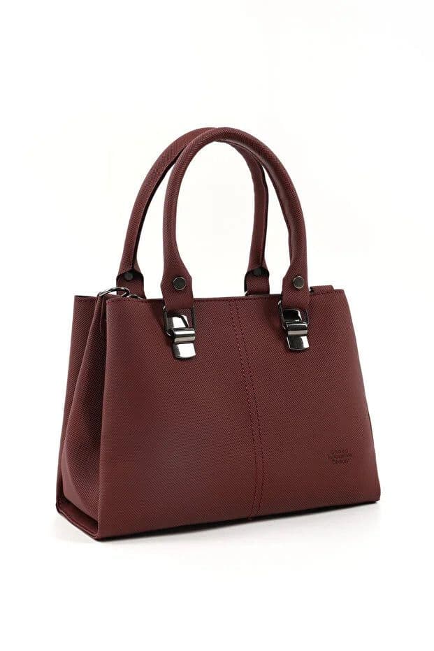 image-Brown Faux Leather Zippered Handbag with 3 Compartments Adjustable