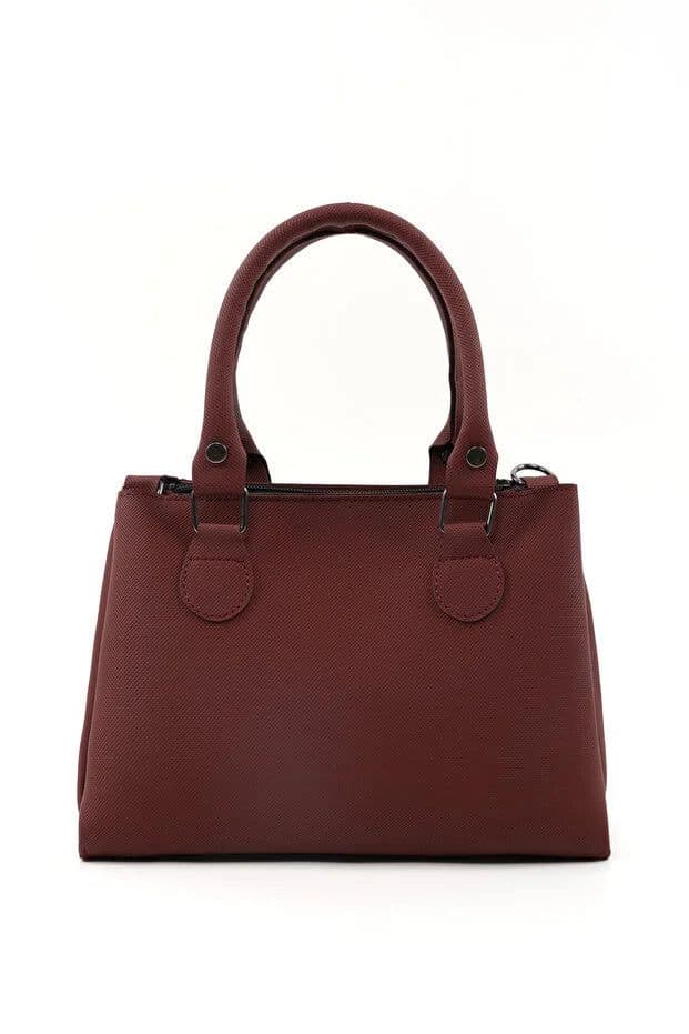 image-Brown Faux Leather Zippered Handbag with 3 Compartments Adjustable