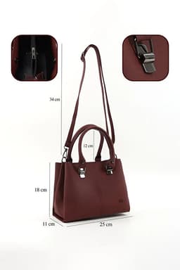 image-Brown Faux Leather Zippered Handbag with 3 Compartments Adjustable