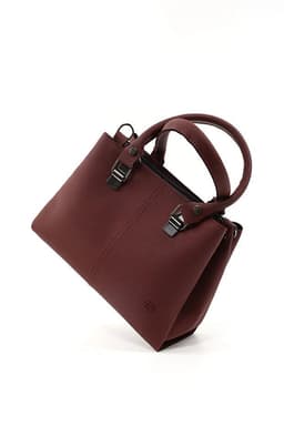 image-Brown Faux Leather Zippered Handbag with 3 Compartments Adjustable