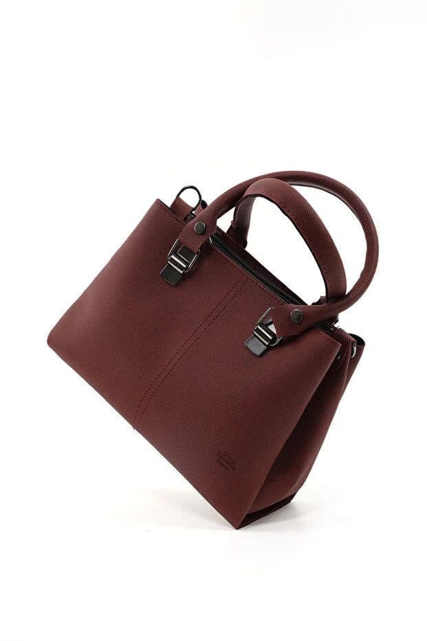 image-Brown Faux Leather Zippered Handbag with 3 Compartments Adjustable