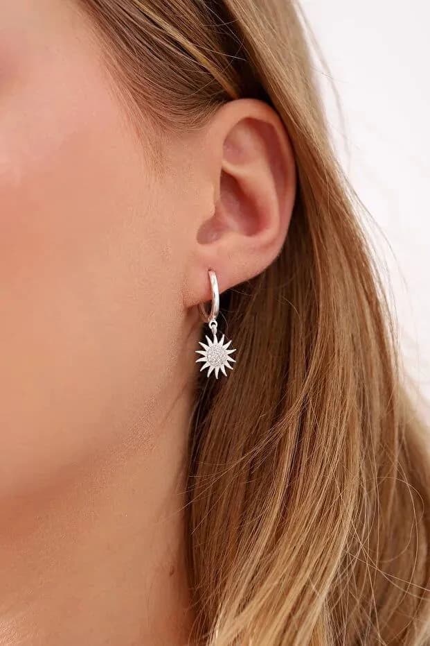 image-Silver Plated Sun Earrings with White Zircon Stone