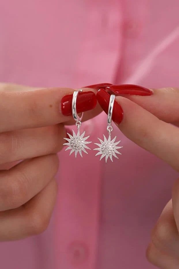 image-Silver Plated Sun Earrings with White Zircon Stone