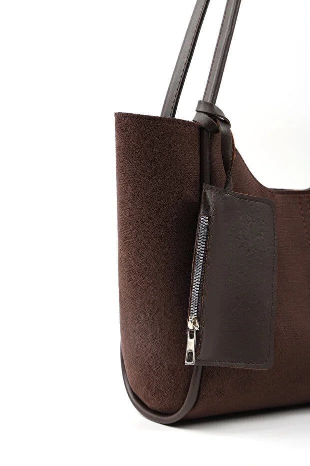 image-Brown suede SHK108 women hand and shoulder bag with wallet and makeup
