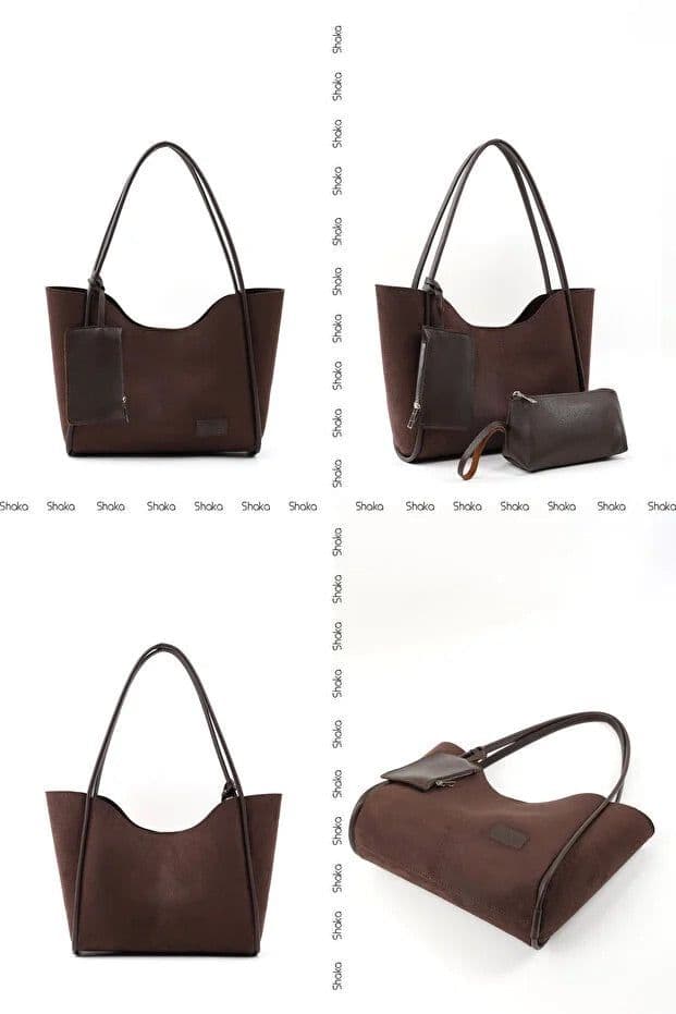 image-Brown suede SHK108 women hand and shoulder bag with wallet and makeup
