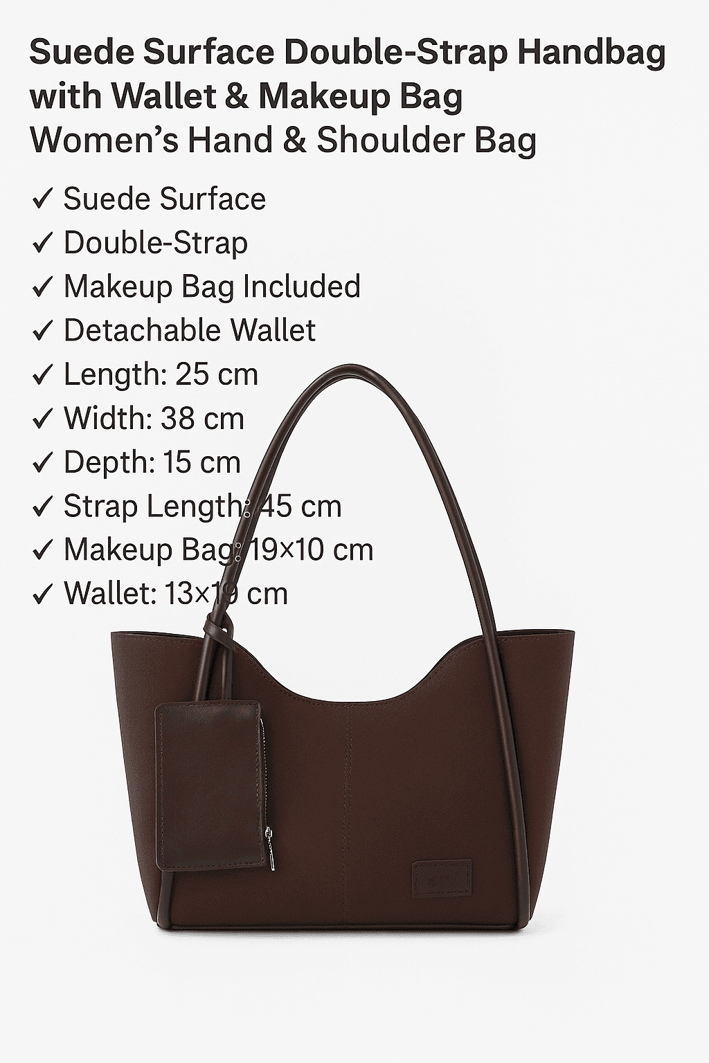 image-Brown suede SHK108 women hand and shoulder bag with wallet and makeup