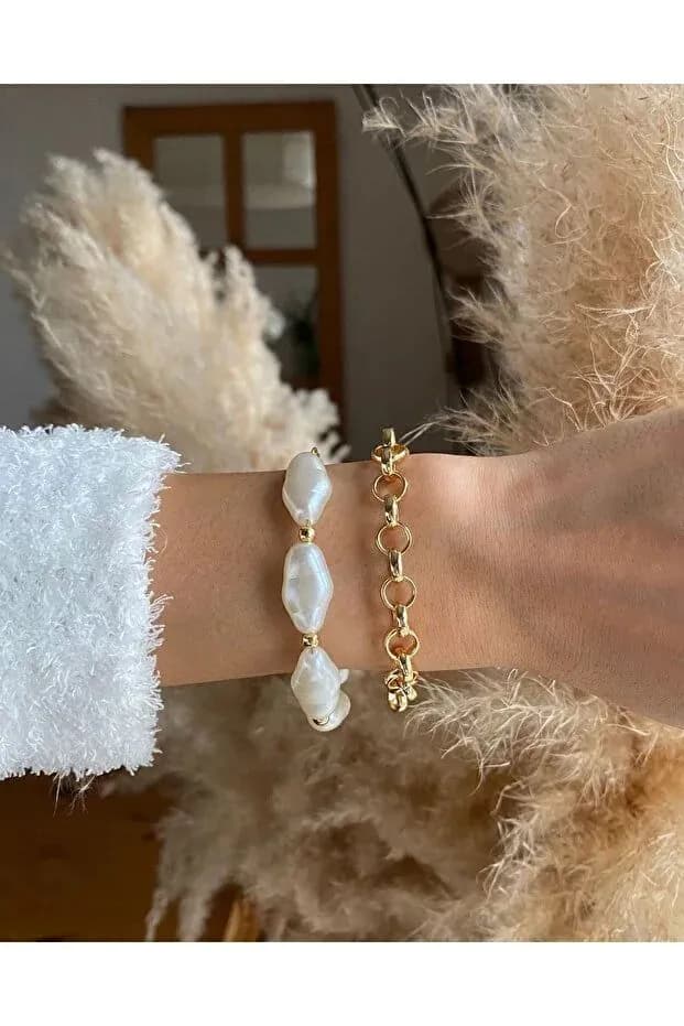image-Pearl Chain Bracelet Set Adjustable Two Piece Elegant Minimalist