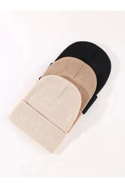 image-Unisex Foldable Beanie Hat Set – Black, Light Taupe & Stone (3-Pack)