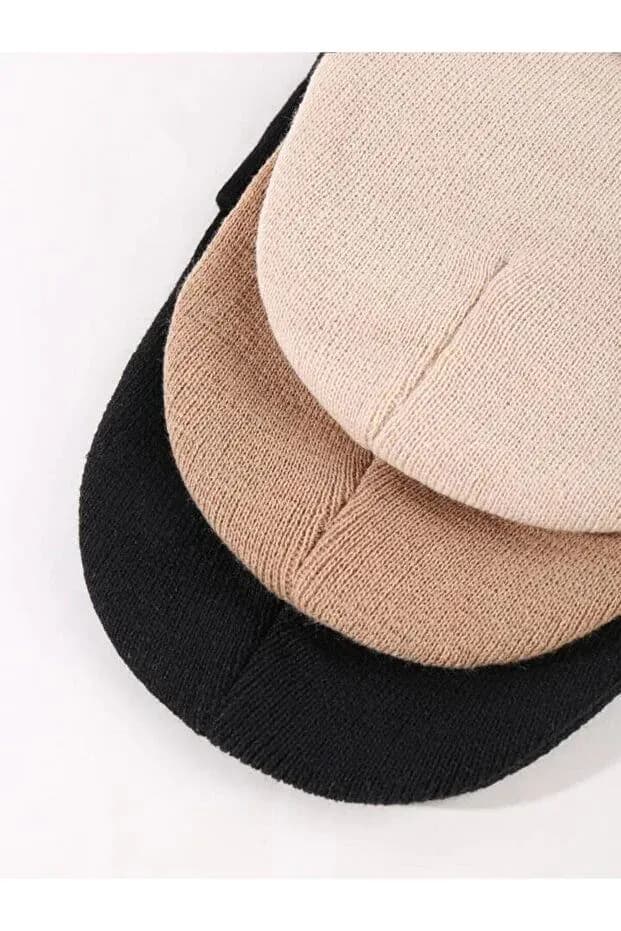 image-Unisex Foldable Beanie Hat Set – Black, Light Taupe & Stone (3-Pack)