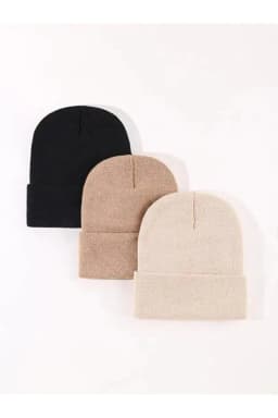 image-Unisex Foldable Beanie Hat Set – Black, Light Taupe & Stone (3-Pack)