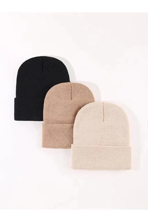 image-Unisex Foldable Beanie Hat Set – Black, Light Taupe & Stone (3-Pack)