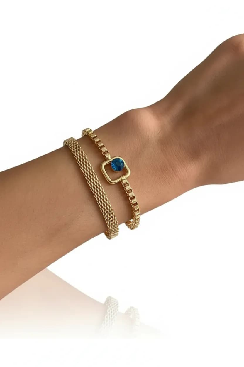 image-Blue Sparkle Bracelet Set Adjustable Two Piece Layered Minimalist