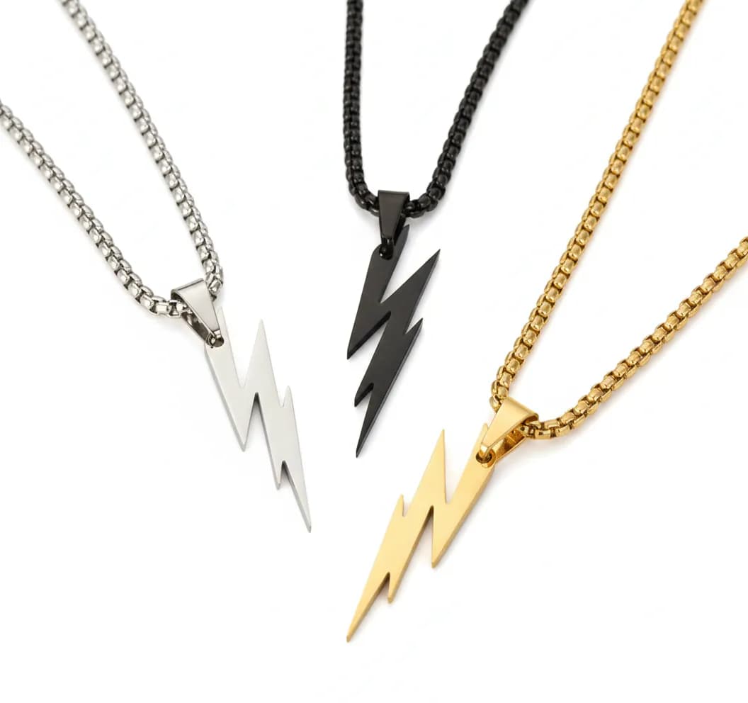 image-Stainless Steel Silver Woven Chain Lightning Necklace