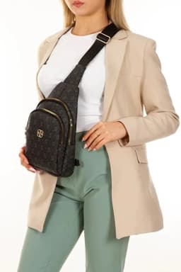 image-Women Black Leather Monogram Crossbody Belt Chest Shoulder Bag
