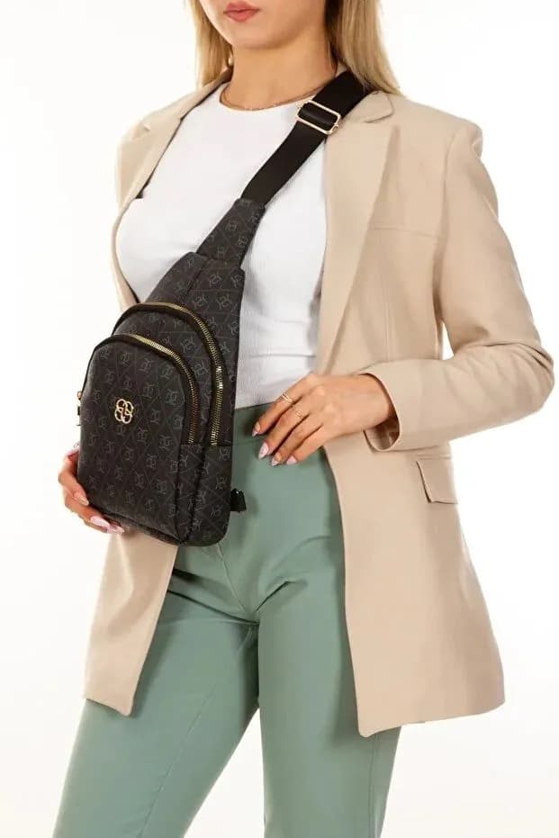image-Women Black Leather Monogram Crossbody Belt Chest Shoulder Bag