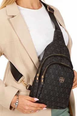 image-Women Black Leather Monogram Crossbody Belt Chest Shoulder Bag