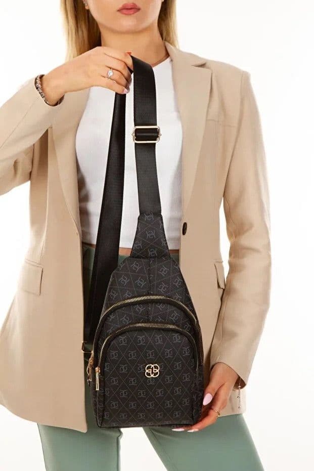 image-Women Black Leather Monogram Crossbody Belt Chest Shoulder Bag